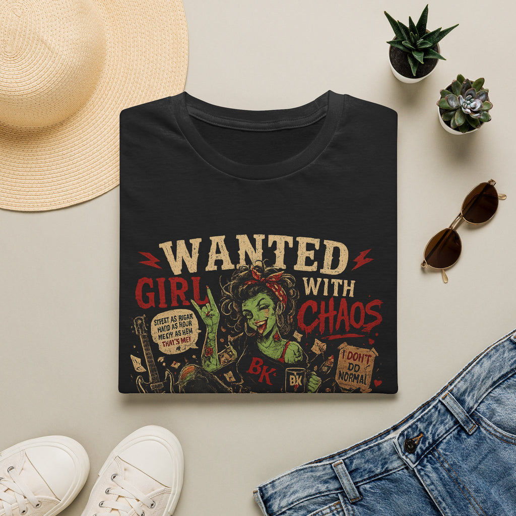 Wanted Girl With Chaos T-Shirt | Rockabilly Zombie Pin Up Tee | Punk Rock Graphic Shirt | Gothic Alternative Clothing | Horror Gift