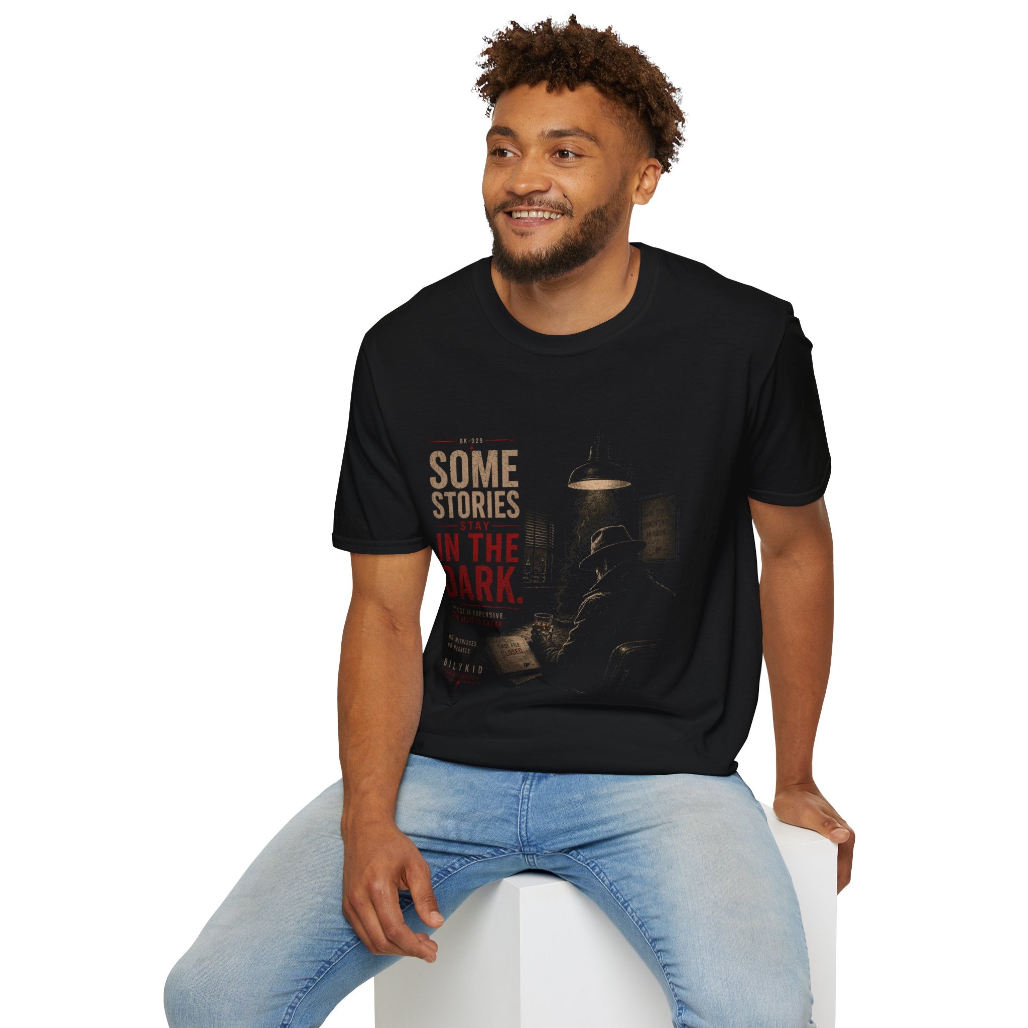 Some Stories Stay in the Dark T-Shirt | Noir Detective Graphic Tee | Dark Aesthetic Shirt | Vintage Crime Style | Unisex Graphic Tee