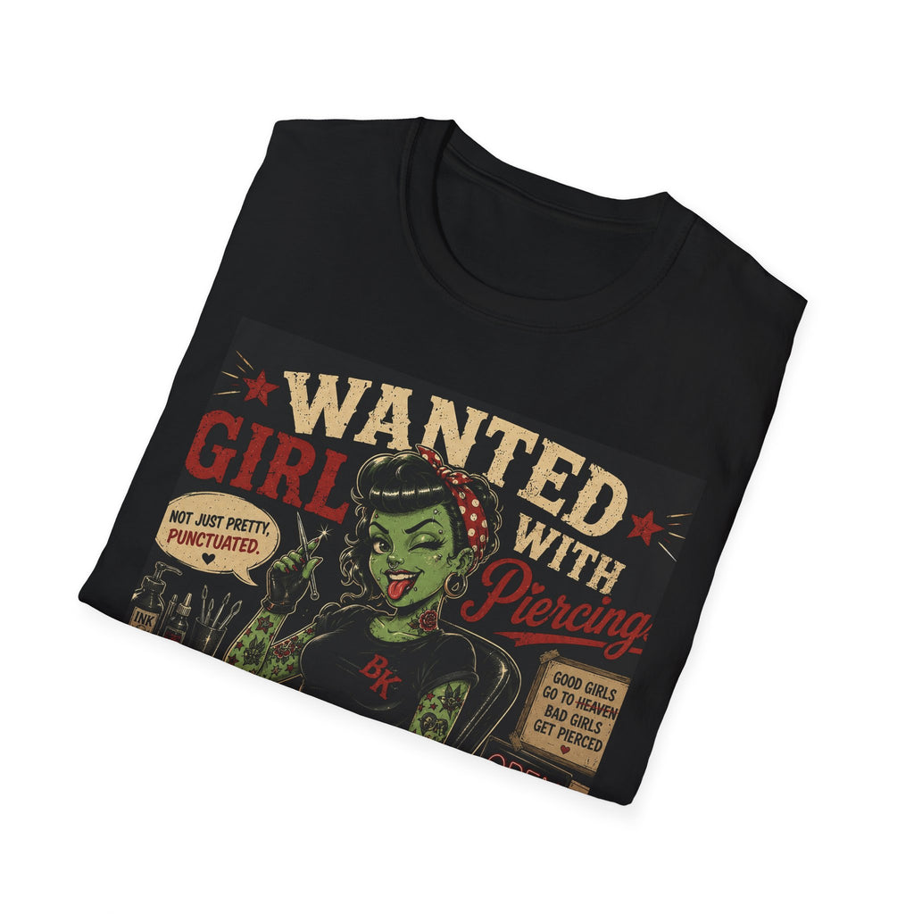 Wanted Girl With Piercing T-Shirt | Rockabilly Zombie Pin Up Tee | Punk Gothic Shirt | Alternative Tattoo Clothing | Horror Graphic Tee