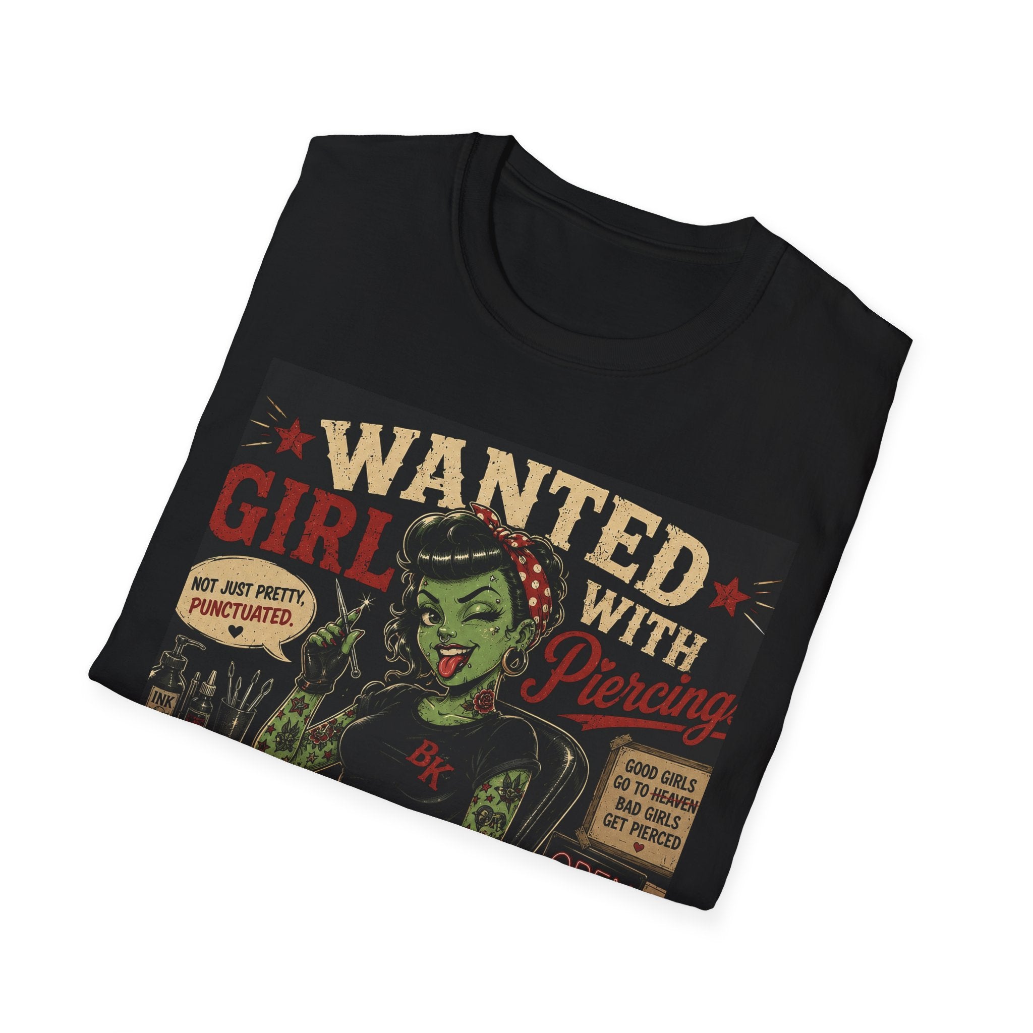 Wanted Girl With Piercing T-Shirt | Rockabilly Zombie Pin Up Tee | Punk Gothic Shirt | Alternative Tattoo Clothing | Horror Graphic Tee