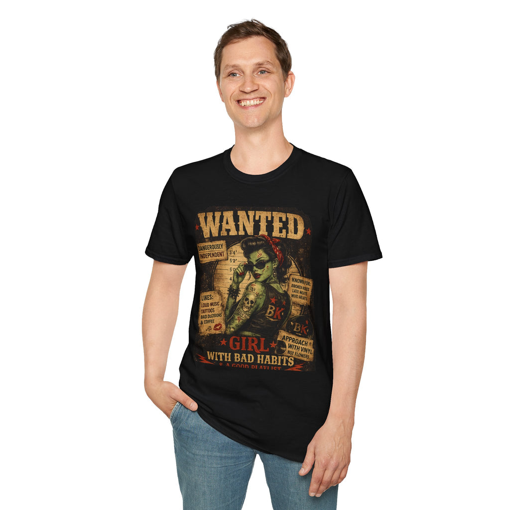 Wanted Girl with Bad Habits T-Shirt | Vintage Rockabilly Zombie Pin Up Tee | Punk Rock Graphic Shirt | Alternative Gothic Gift