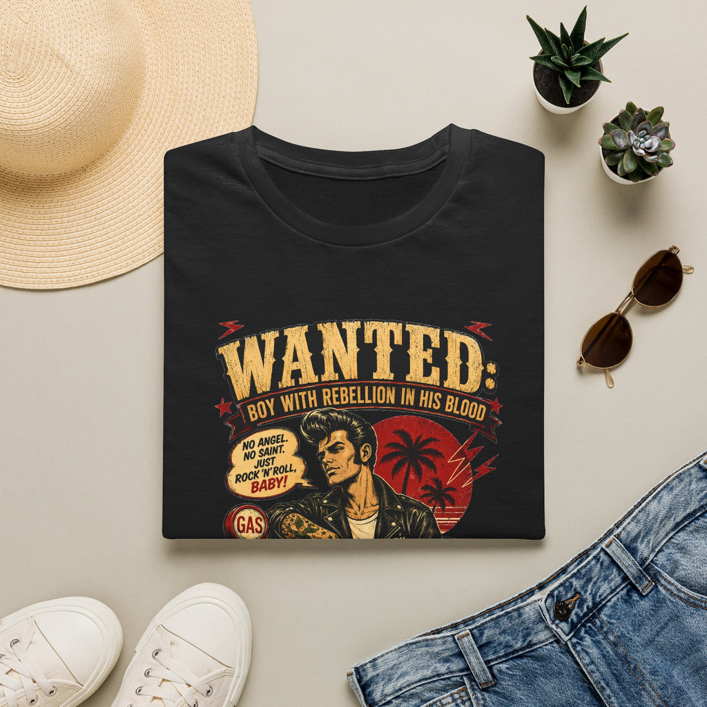 Wanted Boy With Rebel Blood Shirt | Vintage Rockabilly Punk Tee | Rock and Roll Biker Graphic T-Shirt | Retro Gothic Alternative Clothing