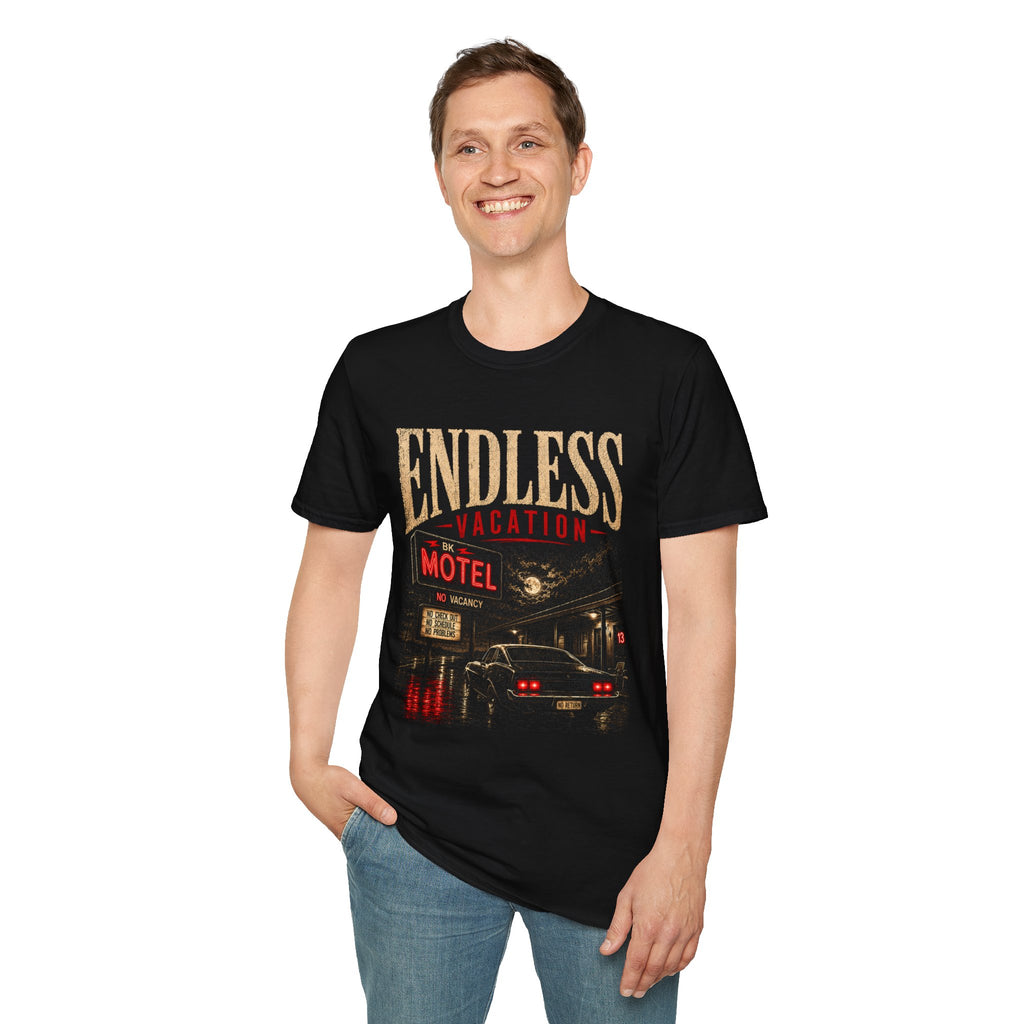 Endless Vacation Motel T-Shirt | Black Motel Graphic Tee | Retro Road Trip Shirt | Unisex Black Graphic Tee | Dark Travel Aesthetic
