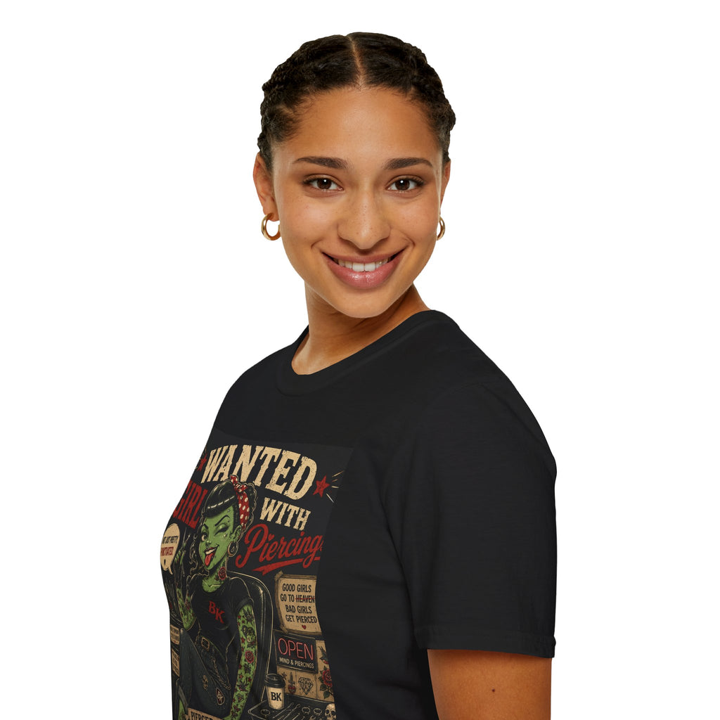 Wanted Girl With Piercing T-Shirt | Rockabilly Zombie Pin Up Tee | Punk Gothic Shirt | Alternative Tattoo Clothing | Horror Graphic Tee