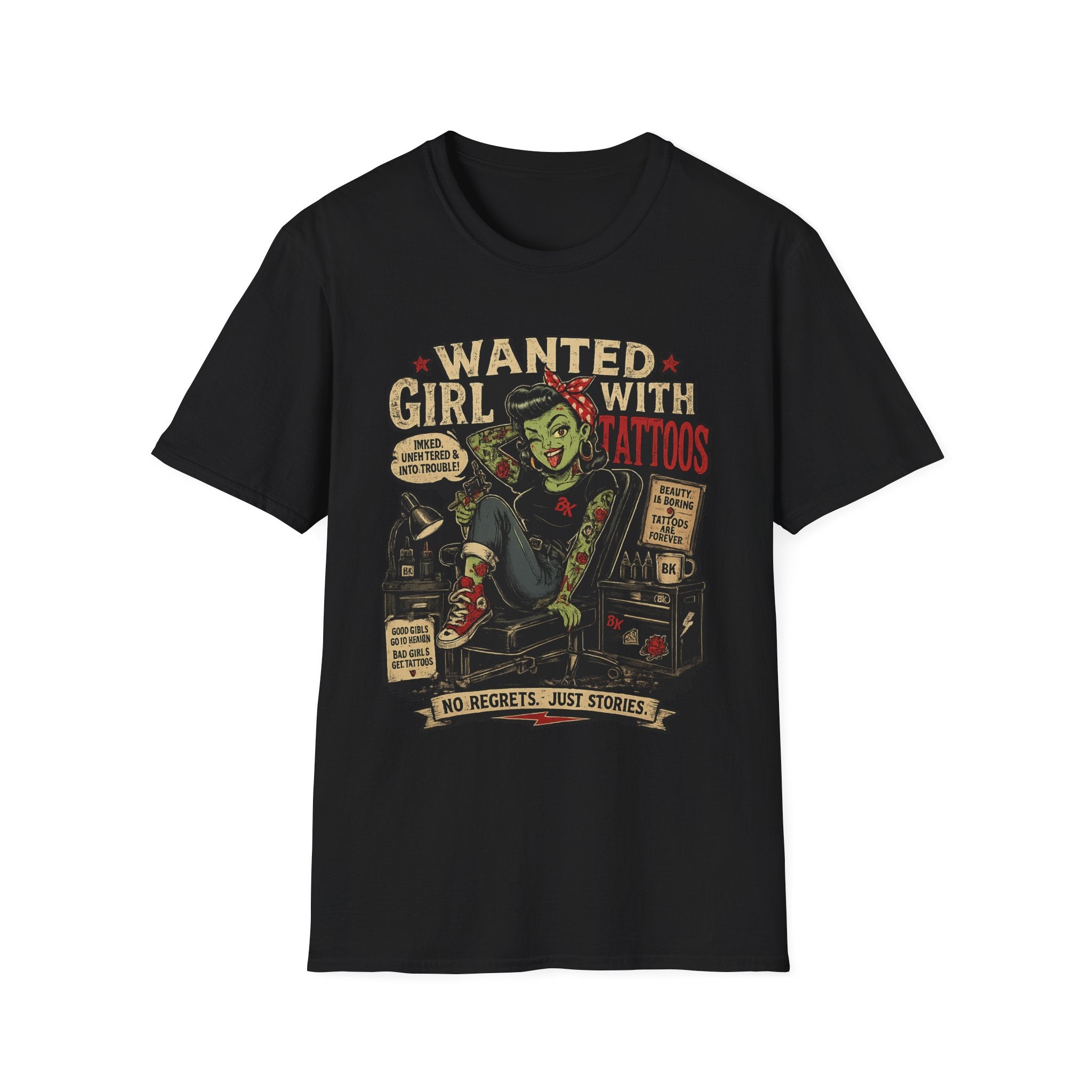 Wanted Girl With Tattoos T-Shirt | Rockabilly Zombie Pin-Up Tee | Gothic Tattoo Shirt | Vintage Horror Rock & Roll Gift | Alternative Women