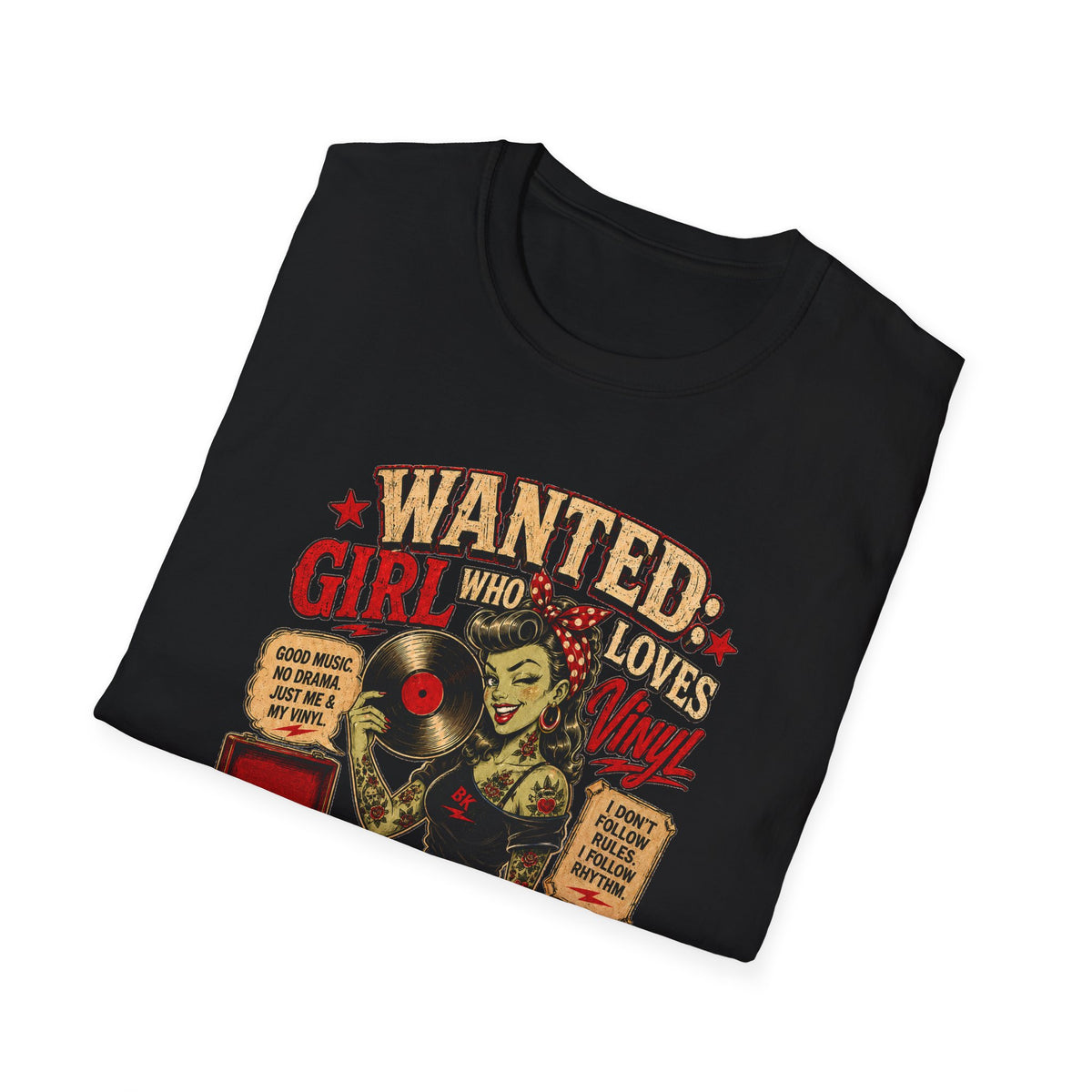 Wanted Girl With Vinyl, Rockabilly Zombie Pin Up T-Shirt, Vinyl Records Lover Gift, Vintage Rock Roll Tee