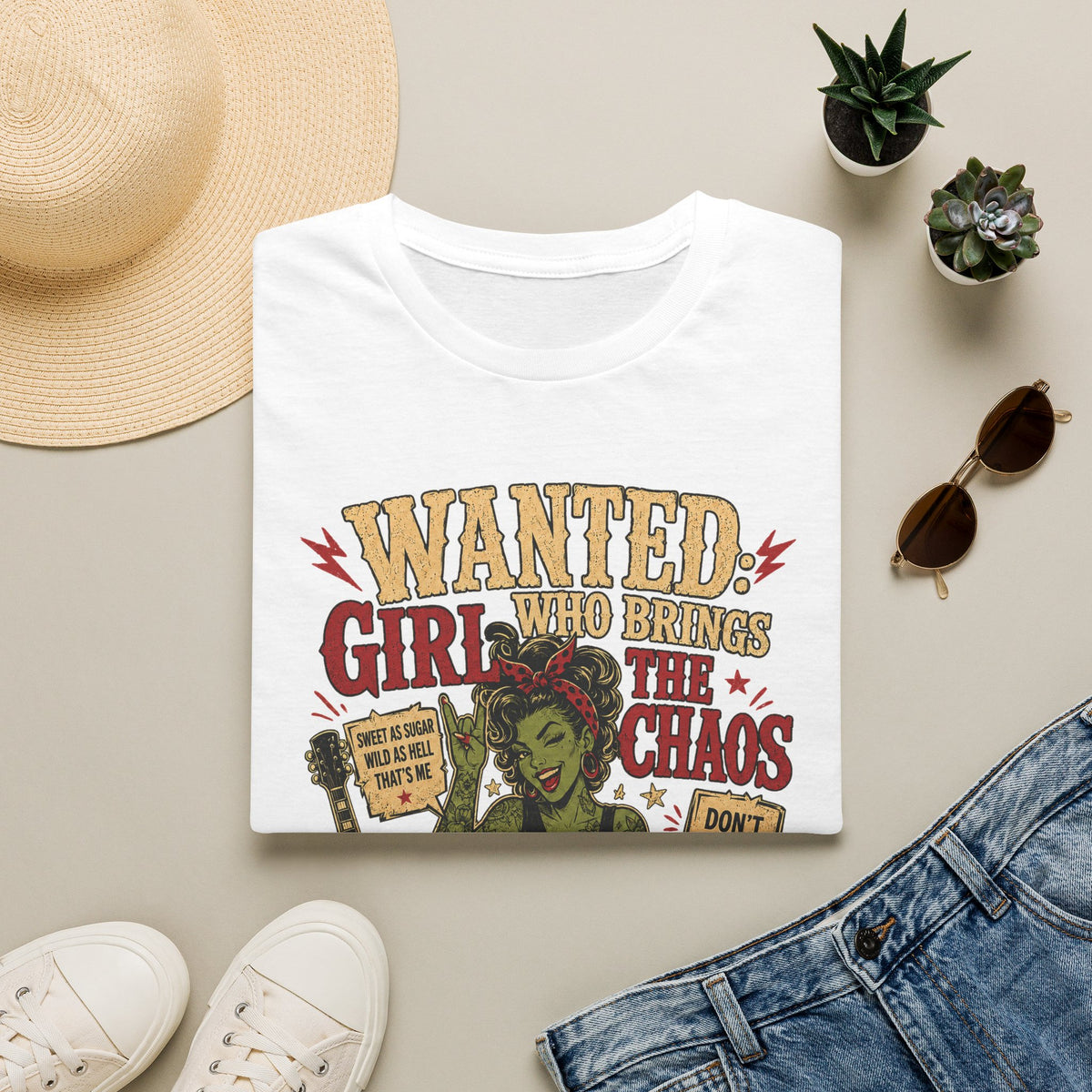 Wanted Girl With Chaos T-Shirt | Rockabilly Zombie Pin Up Tee | Punk Rock Graphic Shirt | Gothic Alternative Clothing | Horror Gift