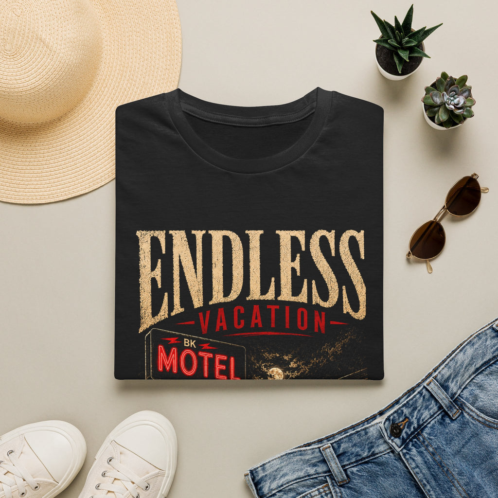 Endless Vacation Motel T-Shirt | Black Motel Graphic Tee | Retro Road Trip Shirt | Unisex Black Graphic Tee | Dark Travel Aesthetic