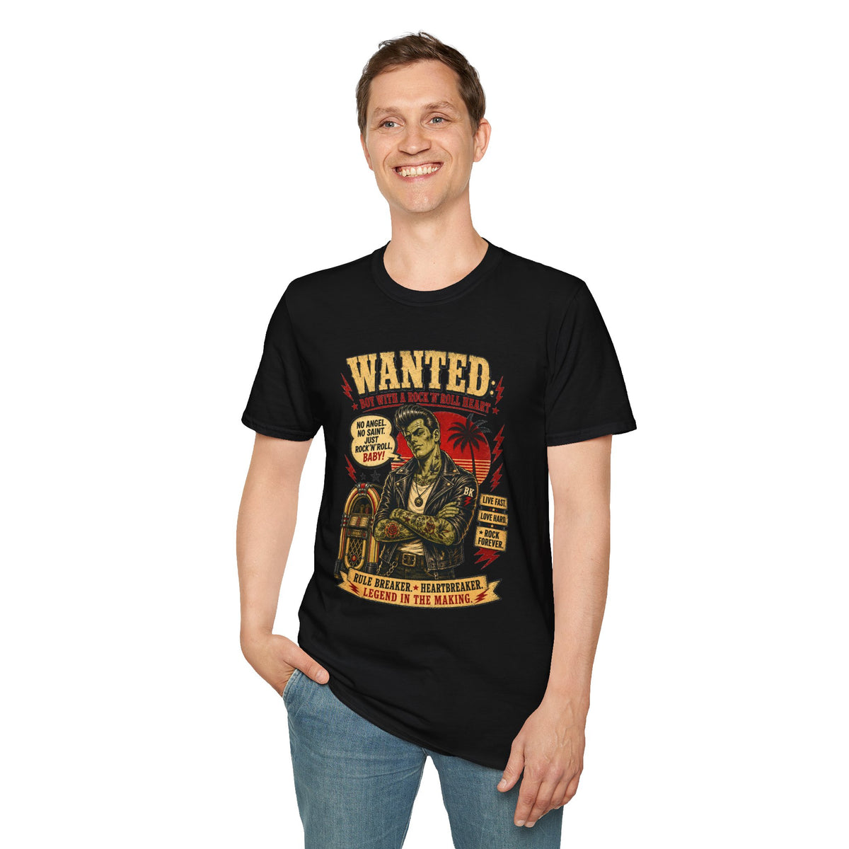 Wanted Boy With Rock n Roll Heart T-Shirt, Rockabilly Zombie Tee, Psychobilly Shirt, Greaser Gift for Him, Vintage Wanted Poster Tee
