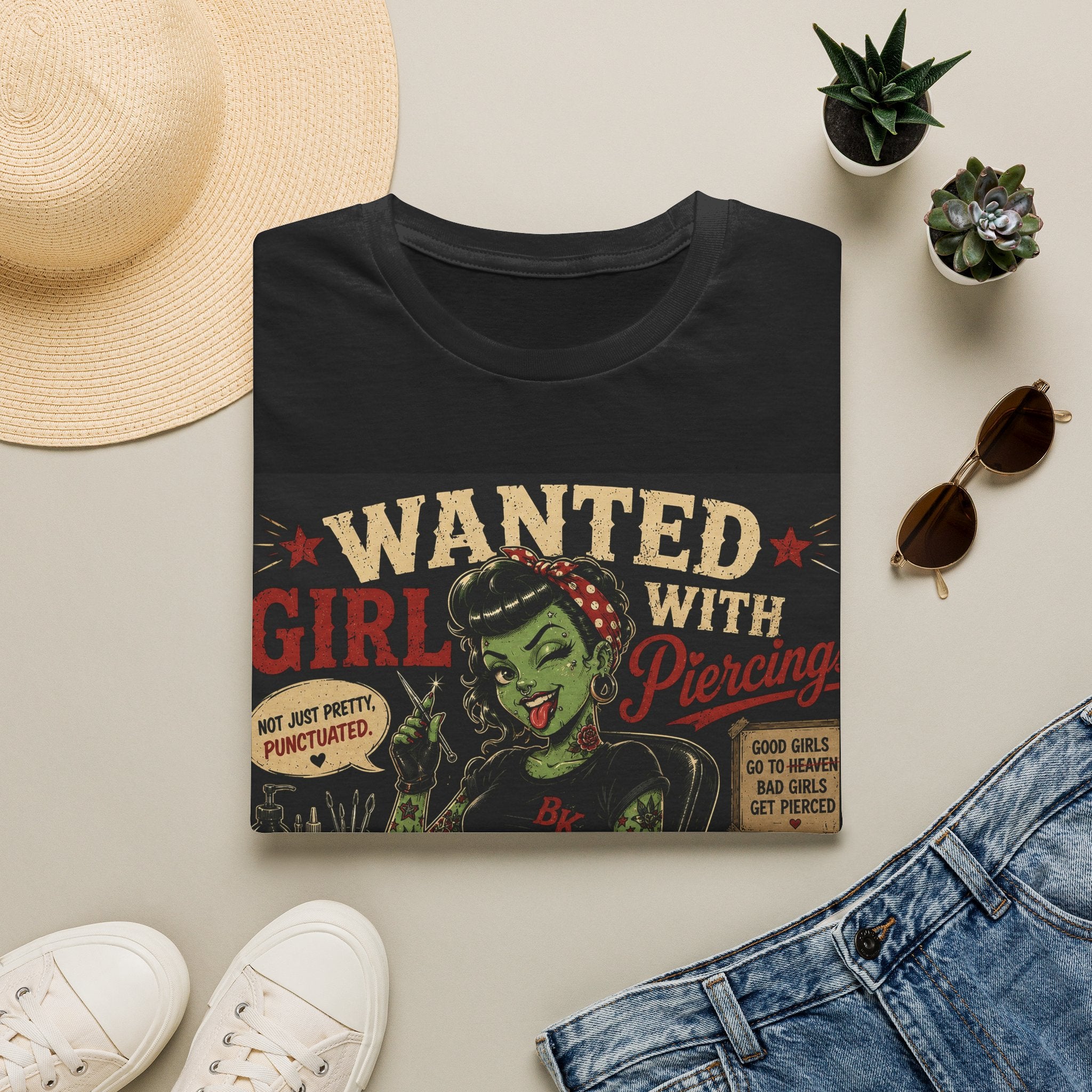 Wanted Girl With Piercing T-Shirt | Rockabilly Zombie Pin Up Tee | Punk Gothic Shirt | Alternative Tattoo Clothing | Horror Graphic Tee