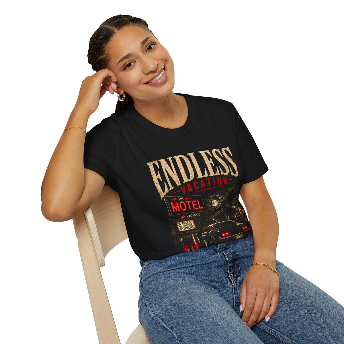 Endless Vacation Motel T-Shirt | Black Motel Graphic Tee | Retro Road Trip Shirt | Unisex Black Graphic Tee | Dark Travel Aesthetic