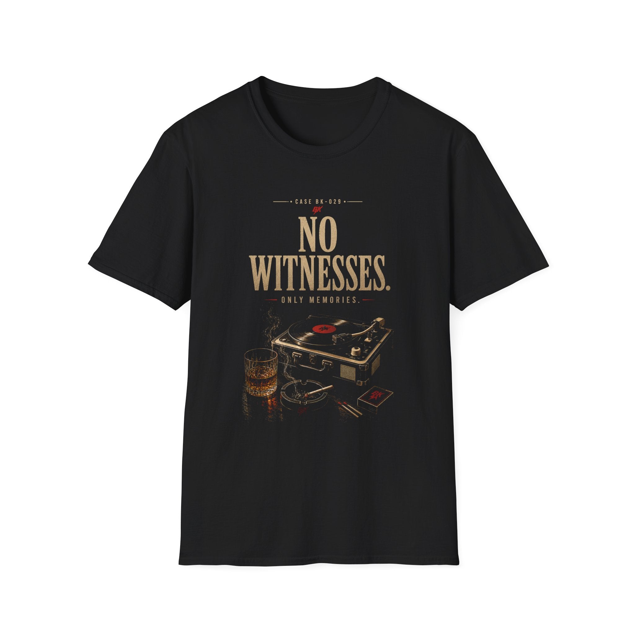No Witnesses T-Shirt | Vintage Noir Graphic Tee | Record Player Whiskey Shirt | Dark Aesthetic Unisex Tee | Retro Music Lover Gift