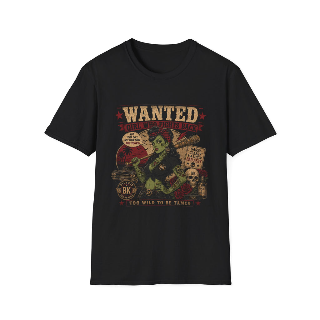 Wanted Girl Who Fights Back T-Shirt, Rockabilly Zombie Pin Up Tee, Psychobilly Shirt, Empowered Woman Gift, Vintage Wanted Poster Tee