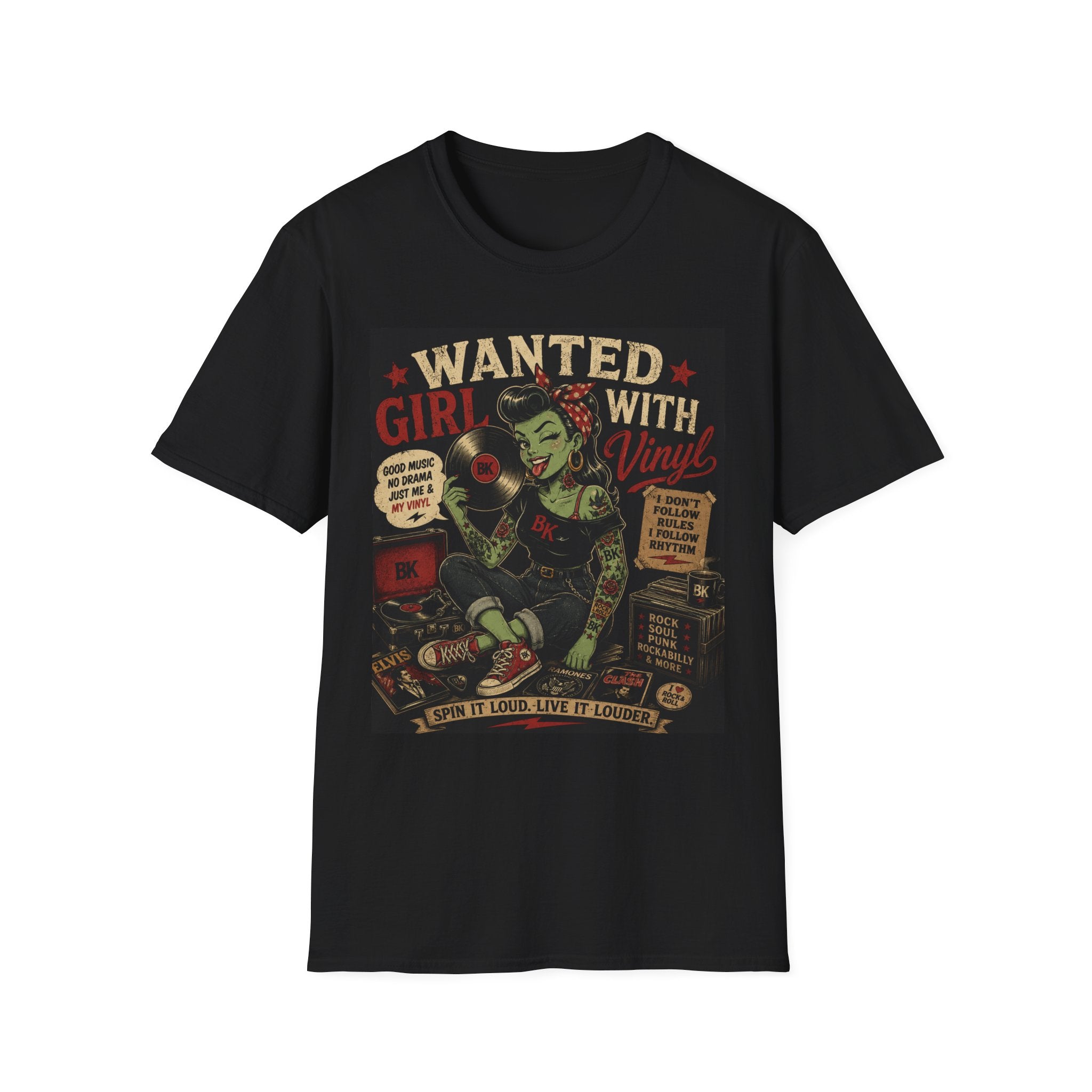 Wanted Girl With Vinyl, Rockabilly Zombie Pin Up T-Shirt, Vinyl Records Lover Gift, Vintage Rock Roll Tee
