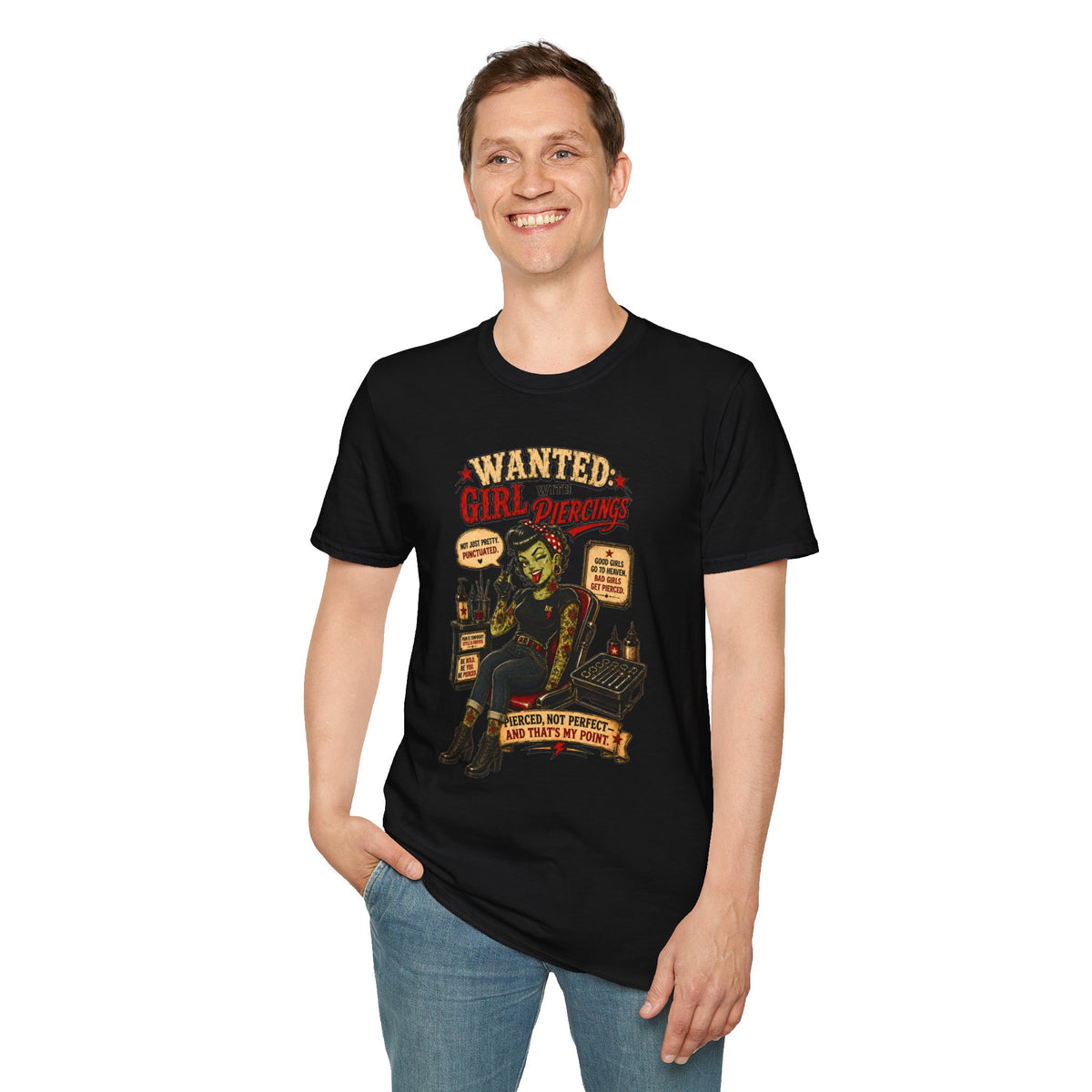 Wanted Girl With Piercing T-Shirt | Rockabilly Zombie Pin Up Tee | Punk Gothic Shirt | Alternative Tattoo Clothing | Horror Graphic Tee