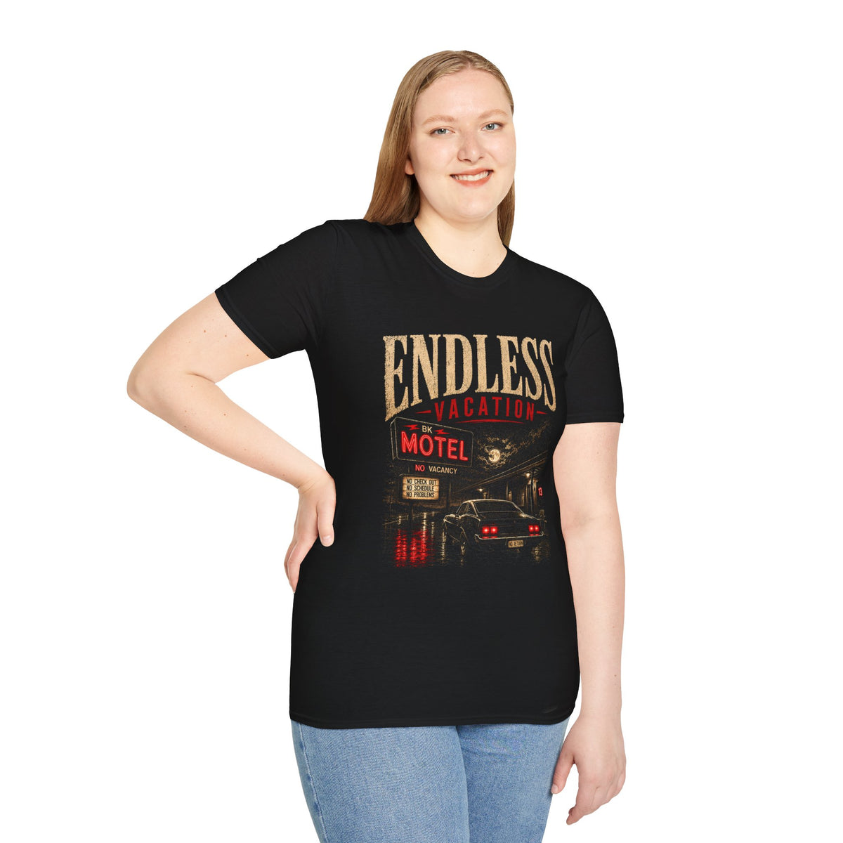 Endless Vacation Motel T-Shirt | Black Motel Graphic Tee | Retro Road Trip Shirt | Unisex Black Graphic Tee | Dark Travel Aesthetic