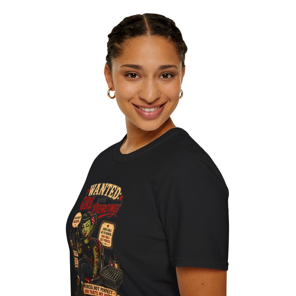 Wanted Girl With Piercing T-Shirt | Rockabilly Zombie Pin Up Tee | Punk Gothic Shirt | Alternative Tattoo Clothing | Horror Graphic Tee
