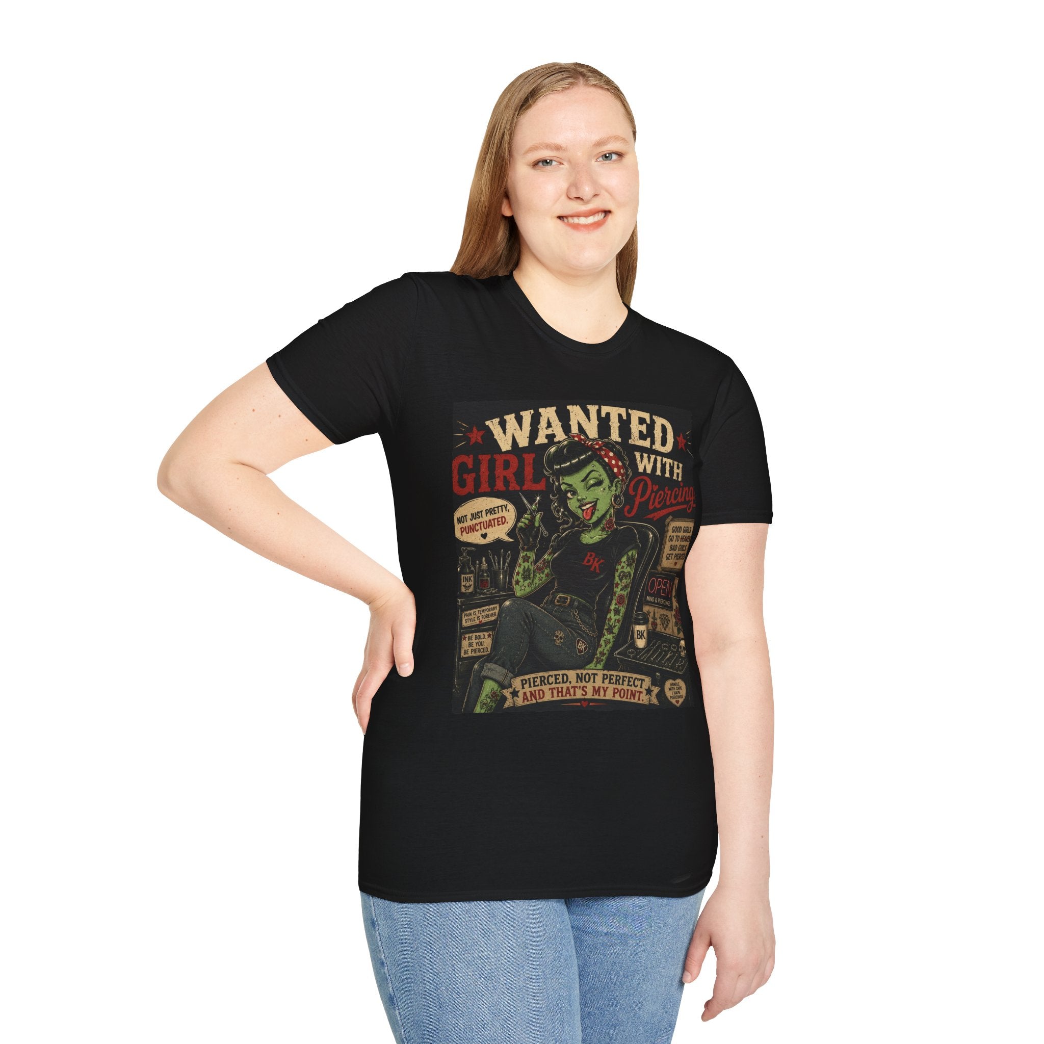 Wanted Girl With Piercing T-Shirt | Rockabilly Zombie Pin Up Tee | Punk Gothic Shirt | Alternative Tattoo Clothing | Horror Graphic Tee