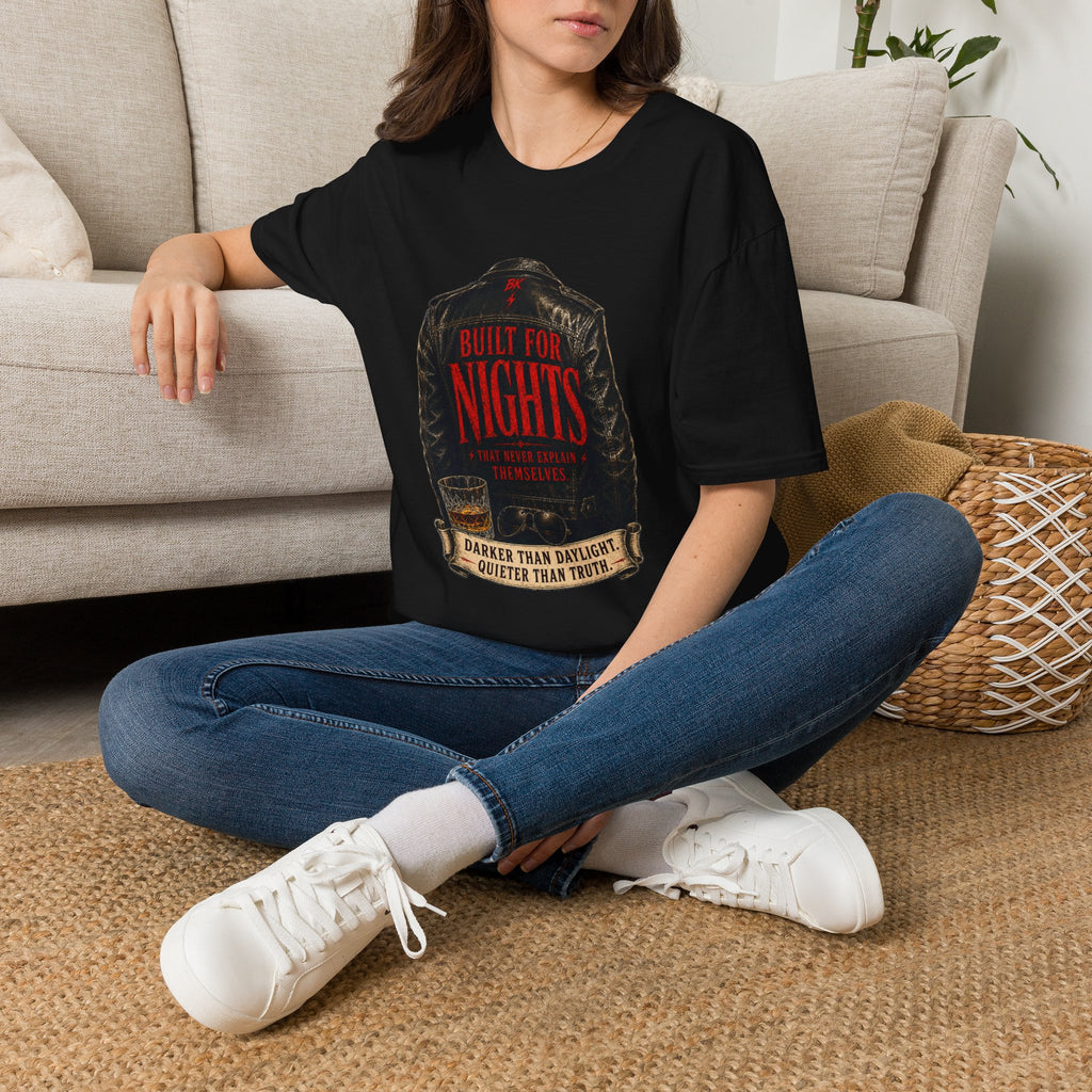Leather Jacket Noir T-Shirt | Built for Nights Graphic Tee | Dark Aesthetic Rock Shirt | Vintage Biker Style | Unisex Streetwear