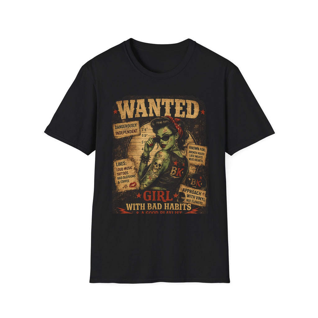 Wanted Girl with Bad Habits T-Shirt | Vintage Rockabilly Zombie Pin Up Tee | Punk Rock Graphic Shirt | Alternative Gothic Gift