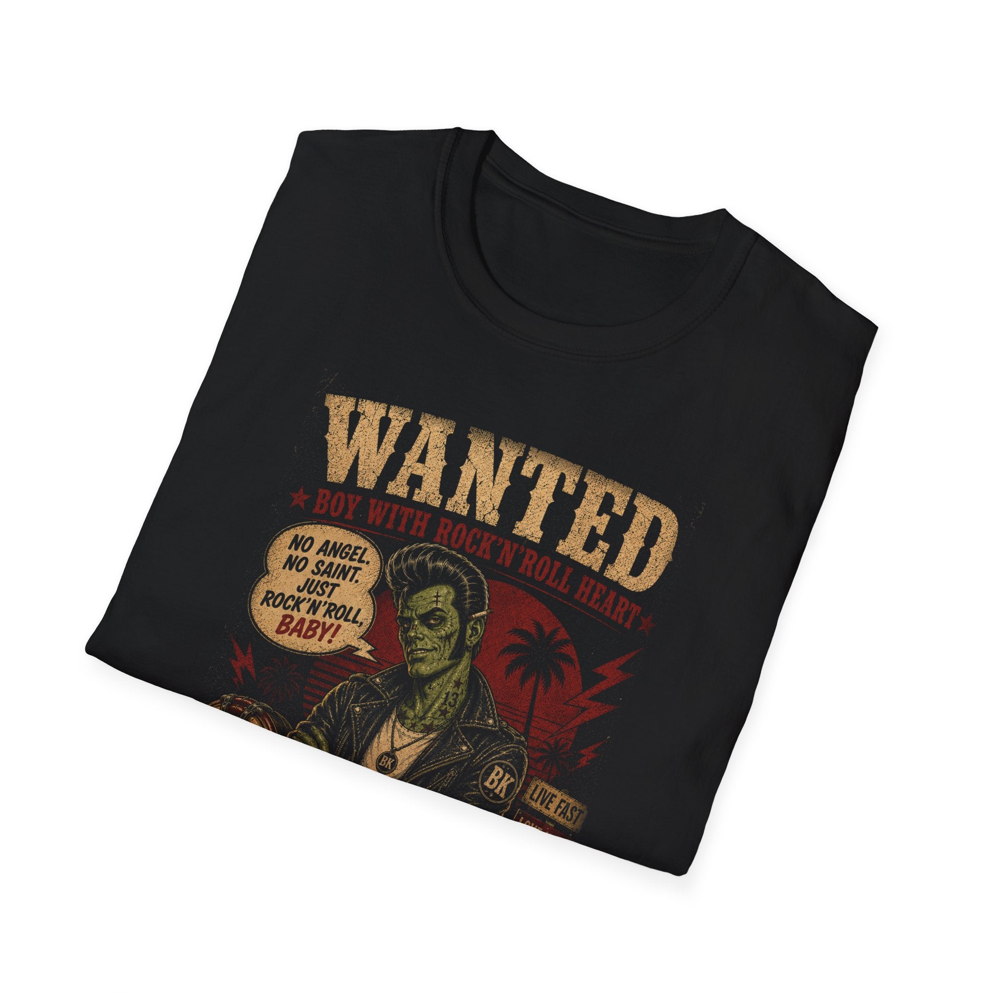 Wanted Boy With Rock n Roll Heart T-Shirt, Rockabilly Zombie Tee, Psychobilly Shirt, Greaser Gift for Him, Vintage Wanted Poster Tee