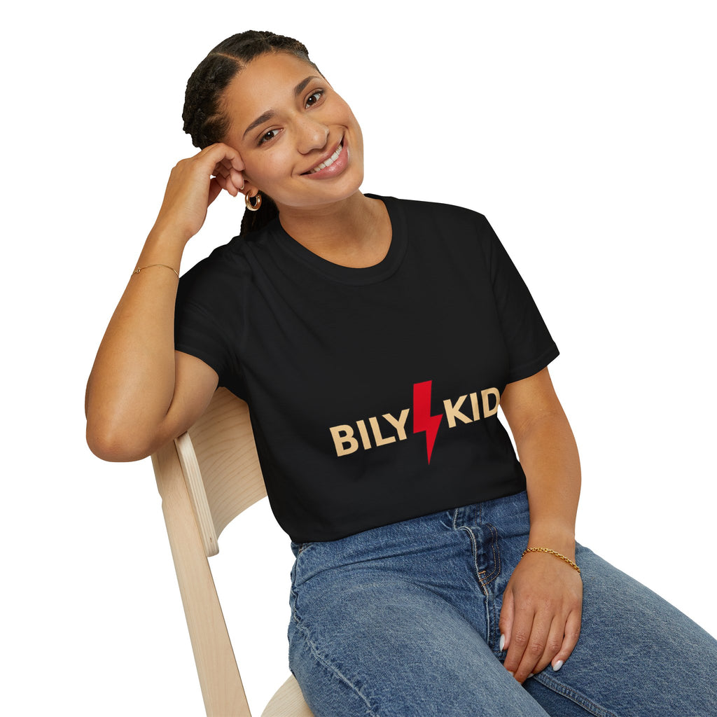 Camiseta negra unisex BILYKID — logo y rayo rojo