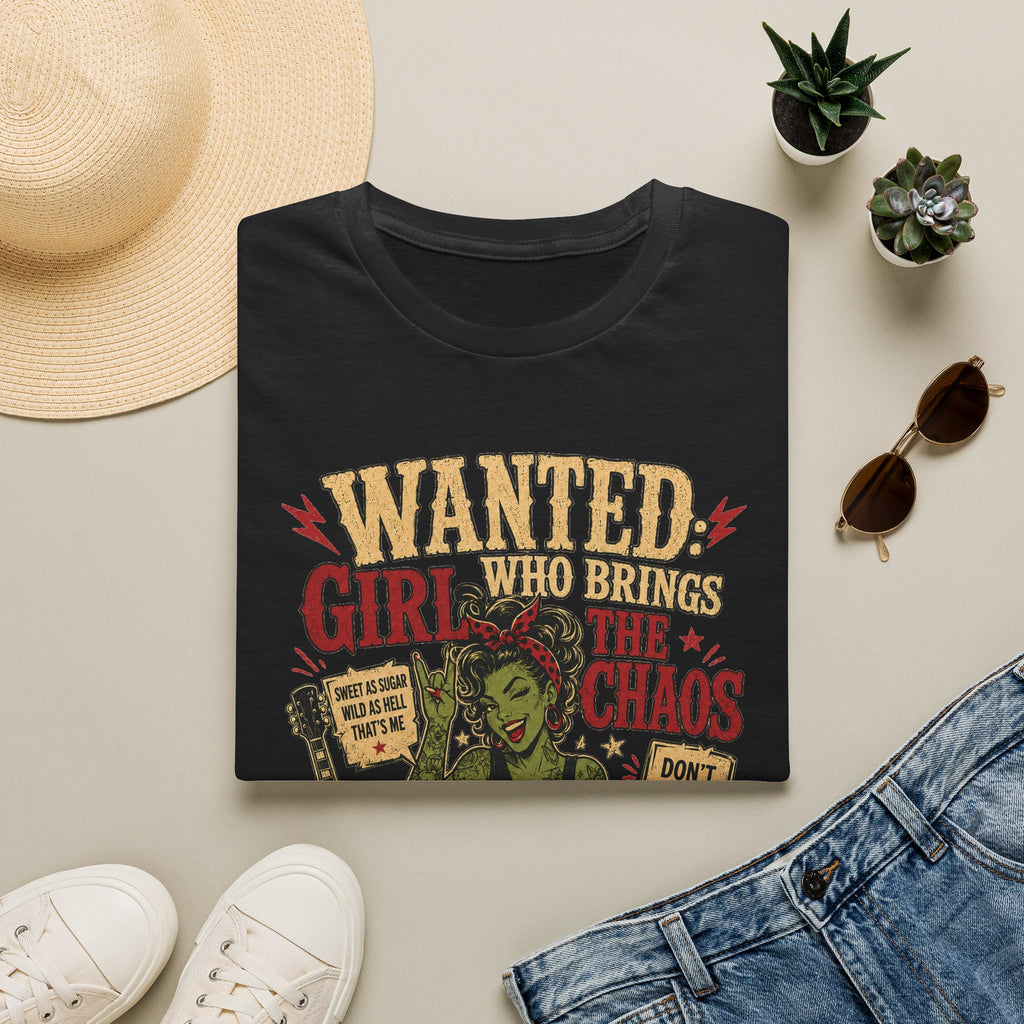 Wanted Girl With Chaos T-Shirt | Rockabilly Zombie Pin Up Tee | Punk Rock Graphic Shirt | Gothic Alternative Clothing | Horror Gift