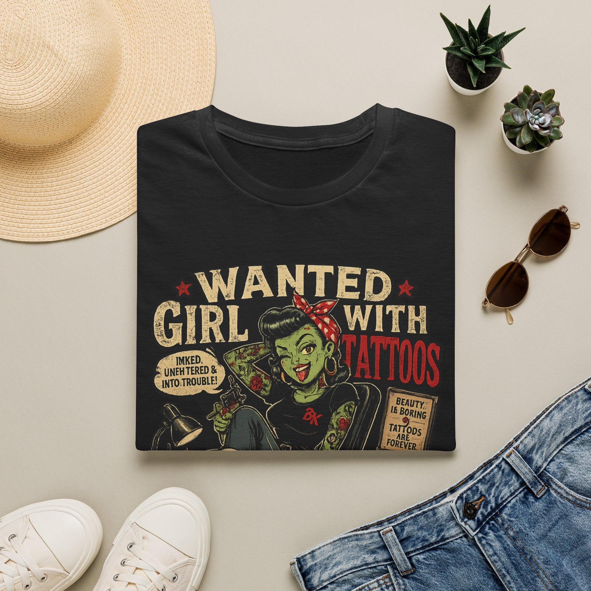 Wanted Girl With Tattoos T-Shirt | Rockabilly Zombie Pin-Up Tee | Gothic Tattoo Shirt | Vintage Horror Rock & Roll Gift | Alternative Women