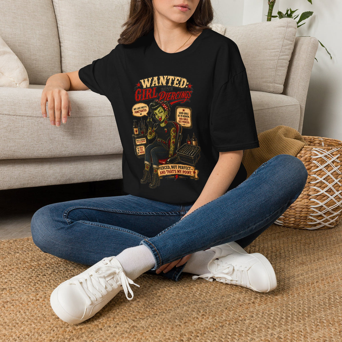 Wanted Girl With Piercing T-Shirt | Rockabilly Zombie Pin Up Tee | Punk Gothic Shirt | Alternative Tattoo Clothing | Horror Graphic Tee