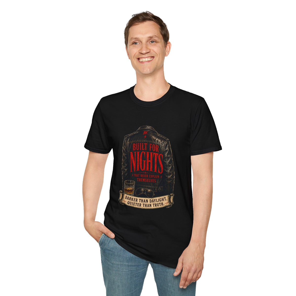 Leather Jacket Noir T-Shirt | Built for Nights Graphic Tee | Dark Aesthetic Rock Shirt | Vintage Biker Style | Unisex Streetwear