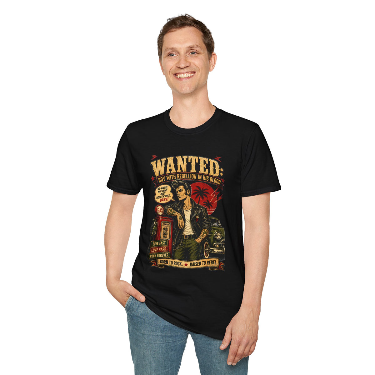 Wanted Boy With Rebel Blood Shirt | Vintage Rockabilly Punk Tee | Rock and Roll Biker Graphic T-Shirt | Retro Gothic Alternative Clothing