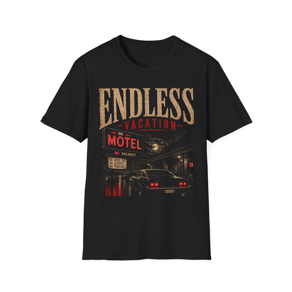 Endless Vacation Motel T-Shirt | Noir Motel Graphic Tee | Retro Road Trip Shirt | Unisex Black Graphic Tee | Dark Travel Aesthetic