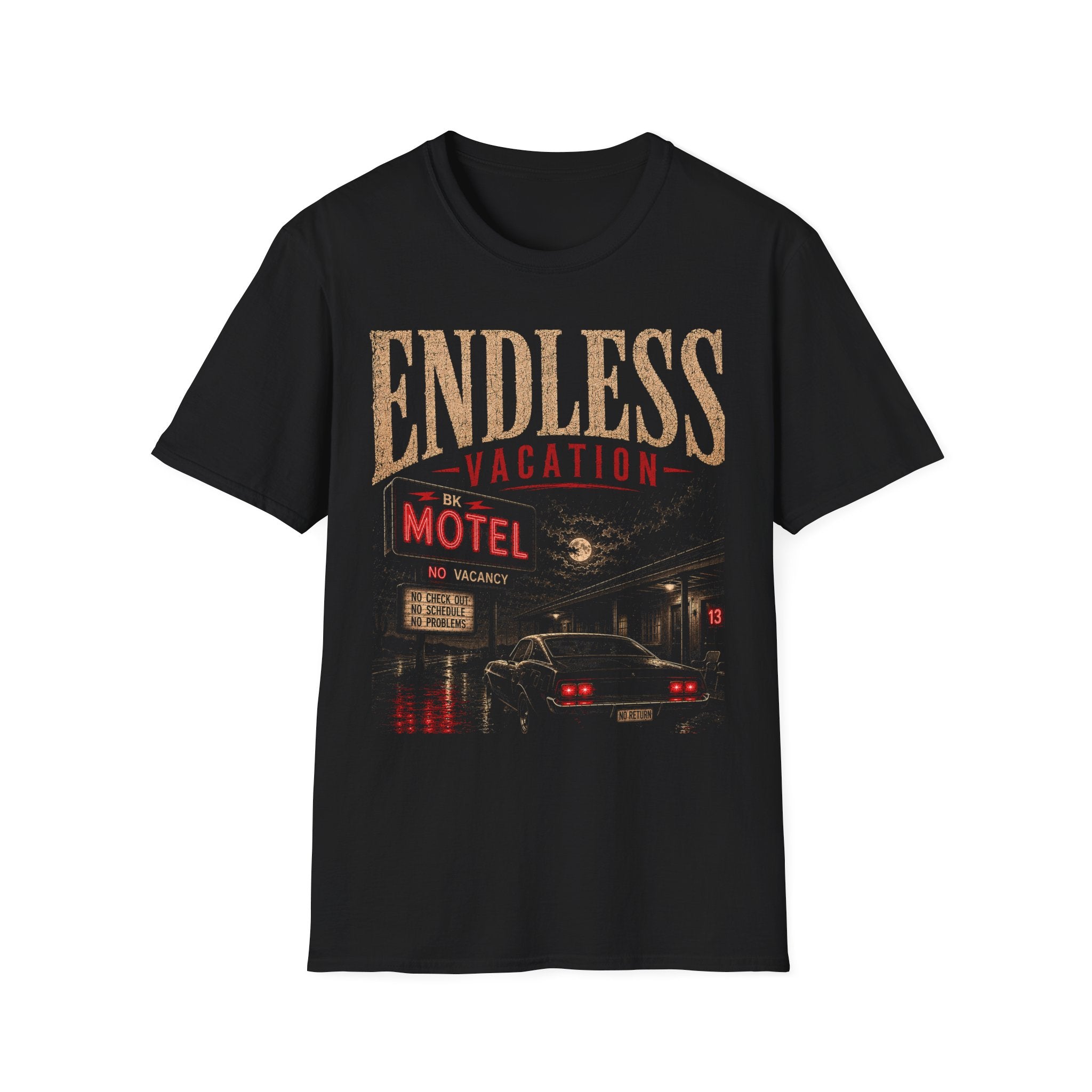 Endless Vacation Motel T-Shirt | Noir Motel Graphic Tee | Retro Road Trip Shirt | Unisex Black Graphic Tee | Dark Travel Aesthetic