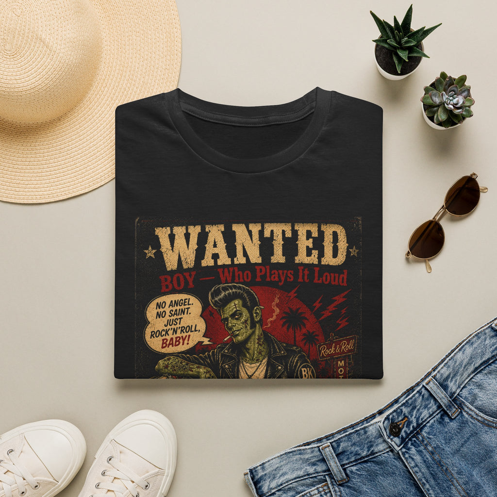 Wanted Boy Who Plays It Loud Vintage Rockabilly Zombie T-Shirt | Retro Rock and Roll Graphic Tee | Punk Psychobilly Gift