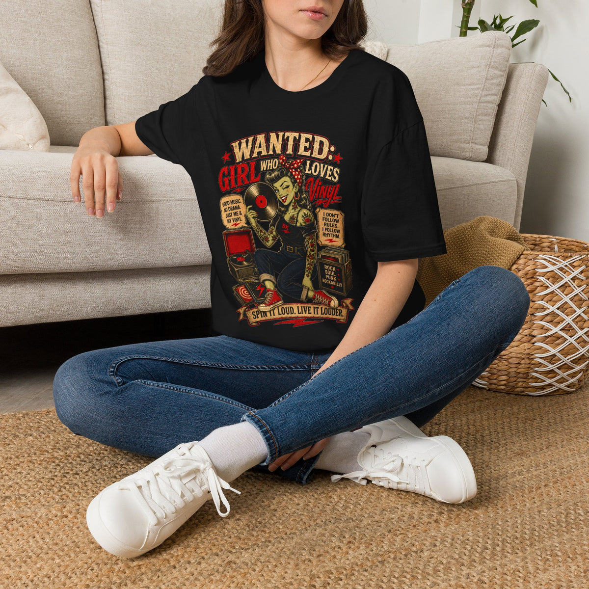 Wanted Girl With Vinyl, Rockabilly Zombie Pin Up T-Shirt, Vinyl Records Lover Gift, Vintage Rock Roll Tee