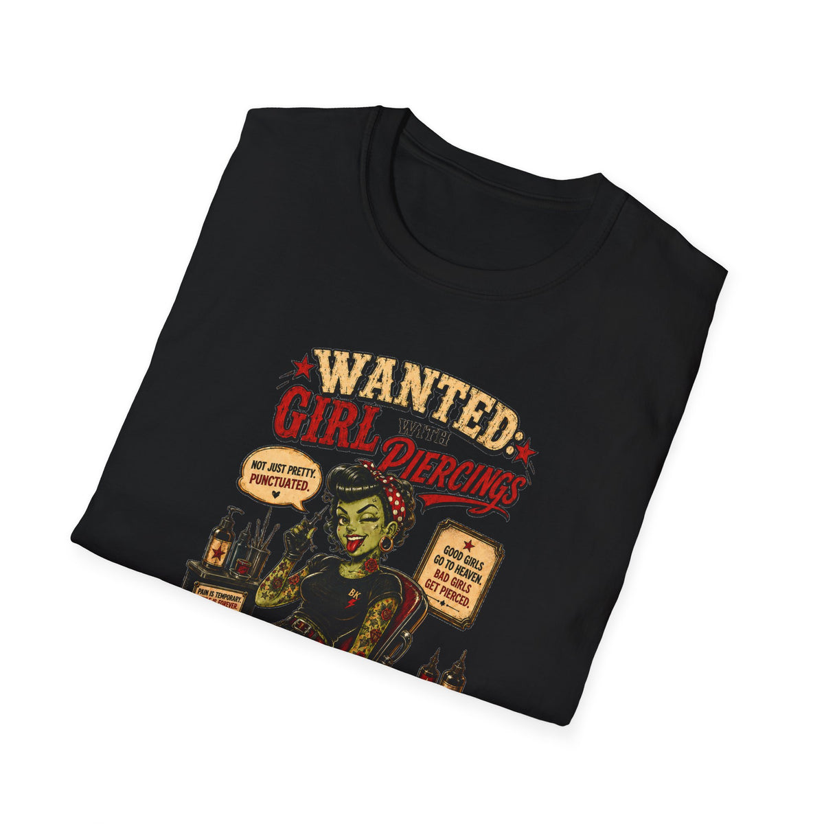 Wanted Girl With Piercing T-Shirt | Rockabilly Zombie Pin Up Tee | Punk Gothic Shirt | Alternative Tattoo Clothing | Horror Graphic Tee