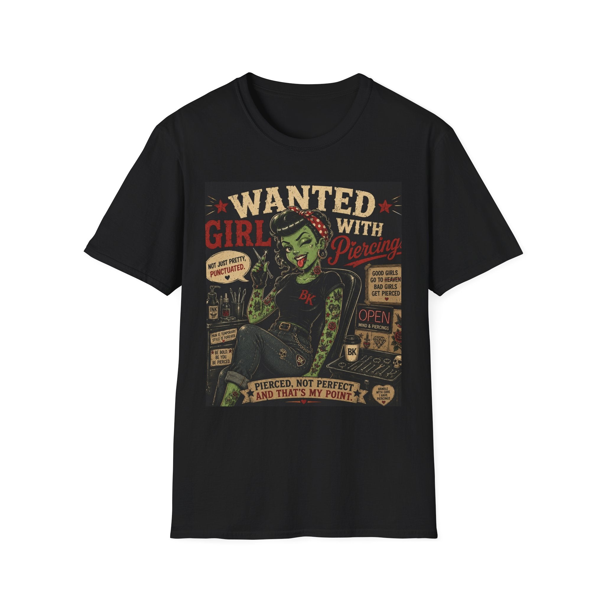Wanted Girl With Piercing T-Shirt | Rockabilly Zombie Pin Up Tee | Punk Gothic Shirt | Alternative Tattoo Clothing | Horror Graphic Tee