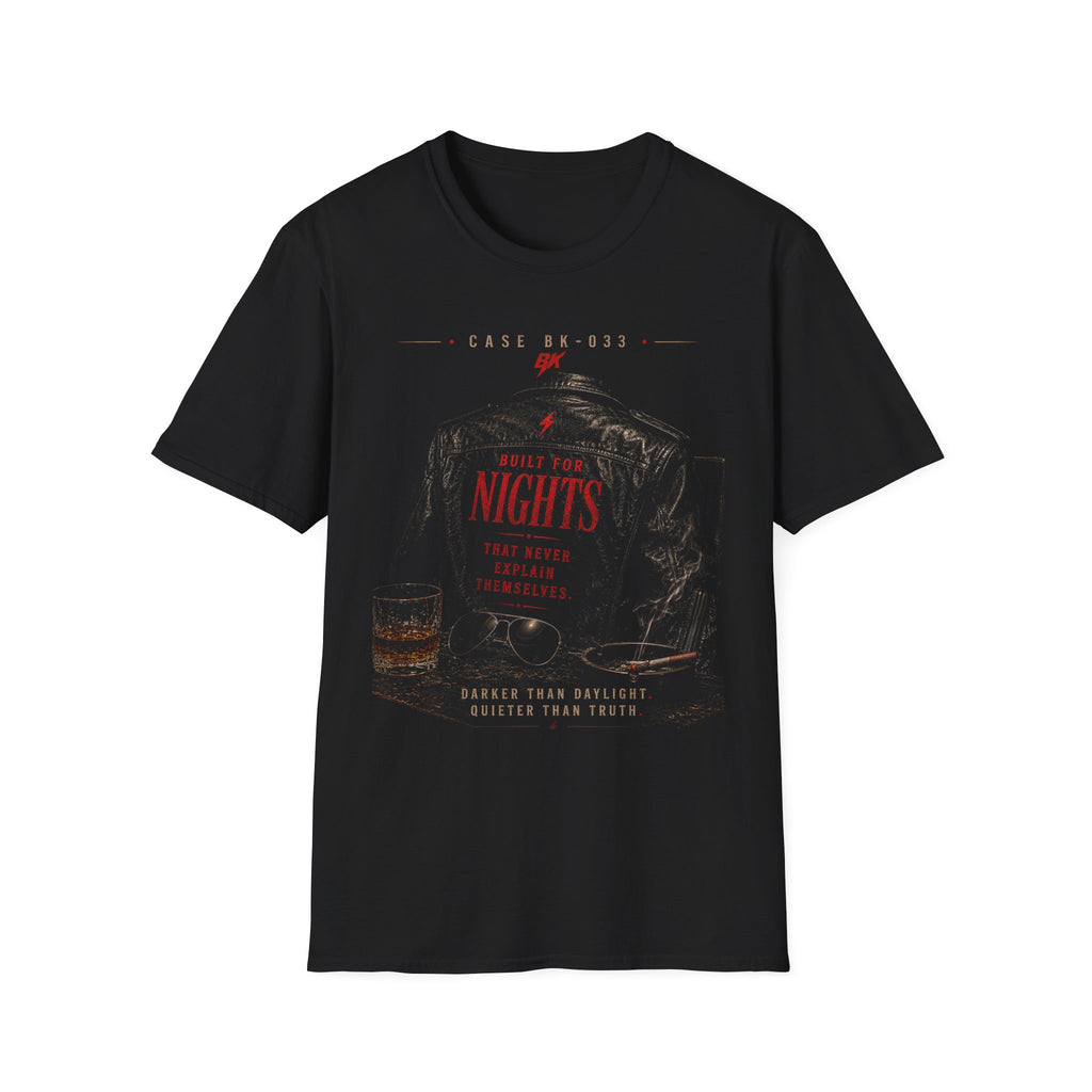 Leather Jacket Noir T-Shirt | Built for Nights Graphic Tee | Dark Aesthetic Rock Shirt | Vintage Biker Style | Unisex Streetwear