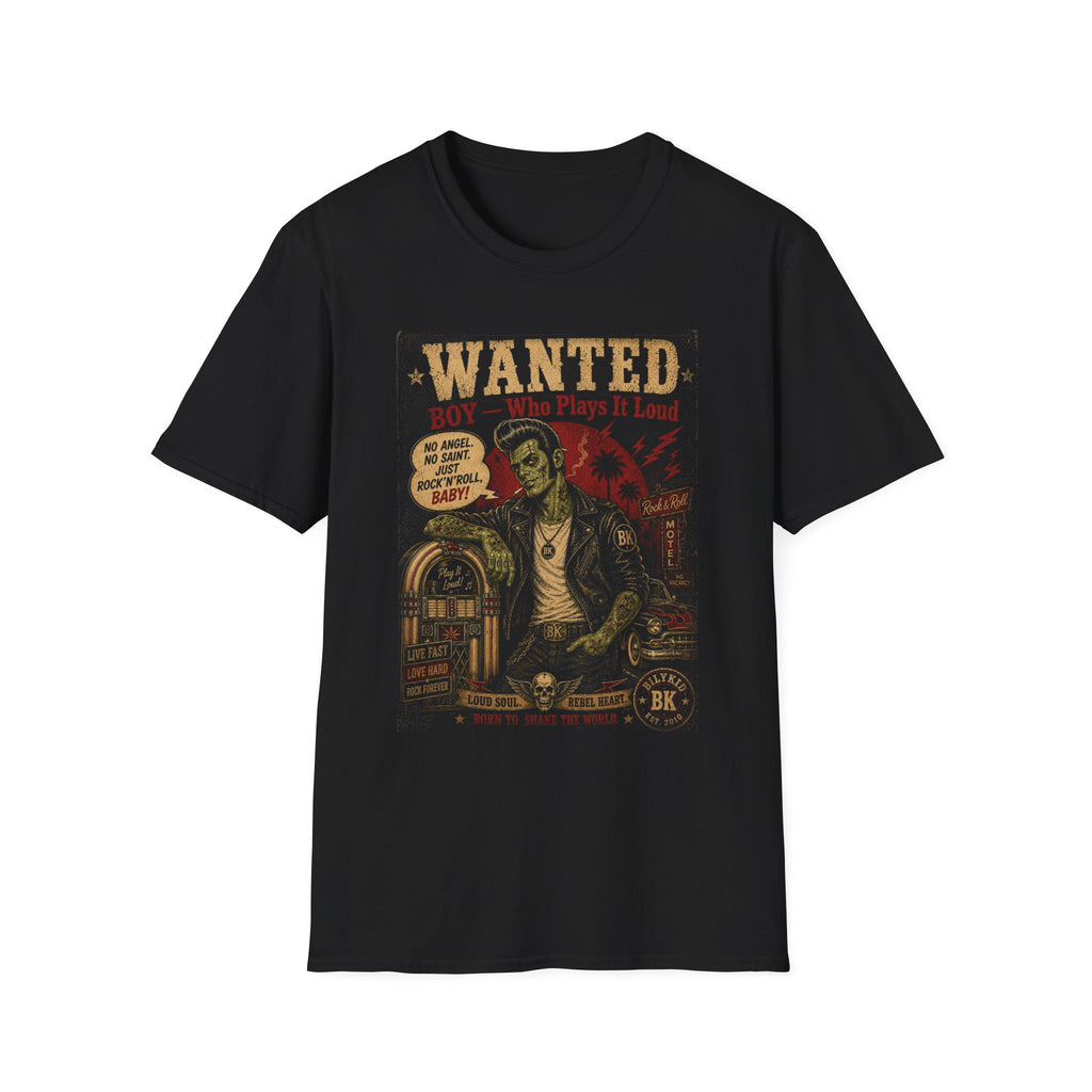 Wanted Boy Who Plays It Loud Vintage Rockabilly Zombie T-Shirt | Retro Rock and Roll Graphic Tee | Punk Psychobilly Gift