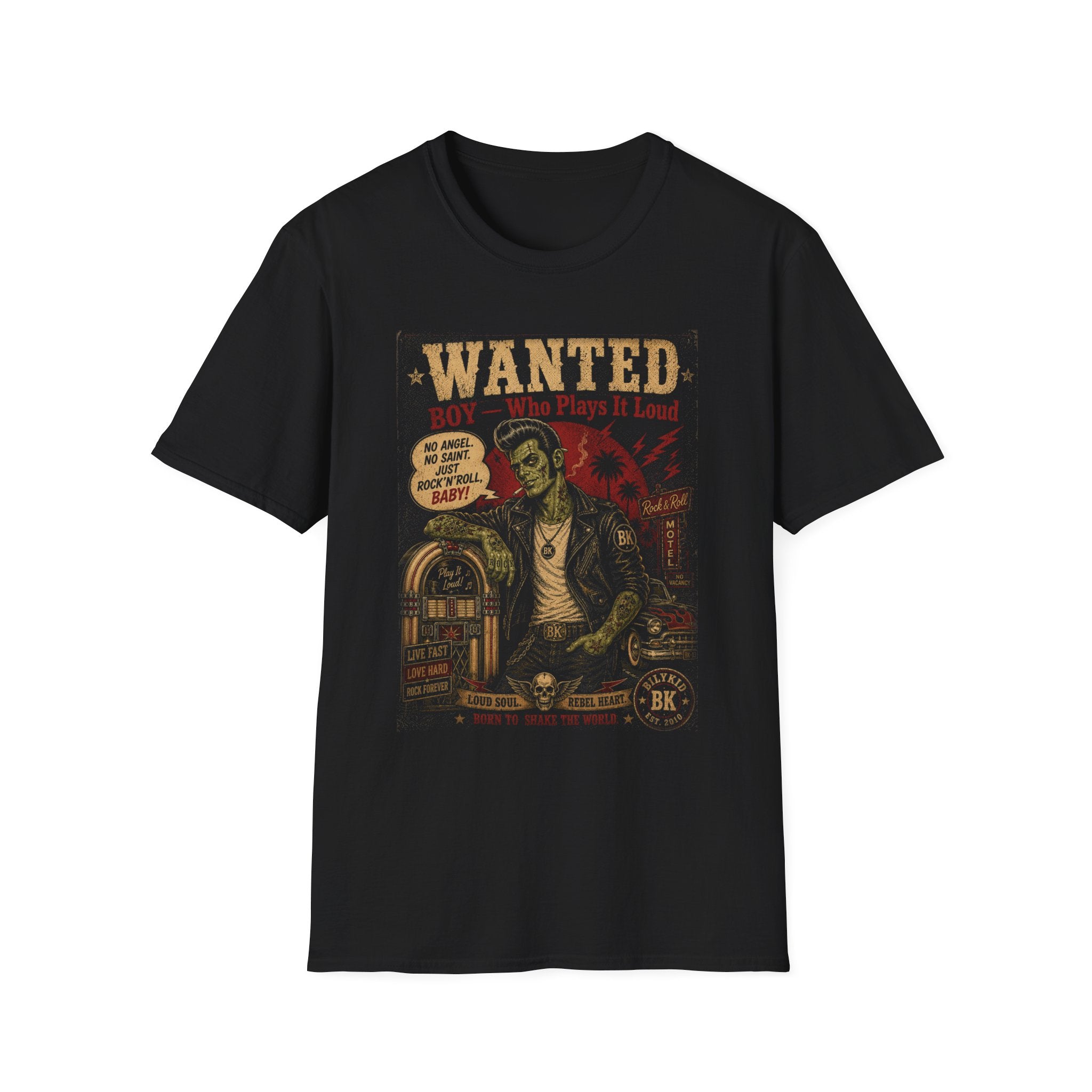 Wanted Boy Who Plays It Loud Vintage Rockabilly Zombie T-Shirt | Retro Rock and Roll Graphic Tee | Punk Psychobilly Gift