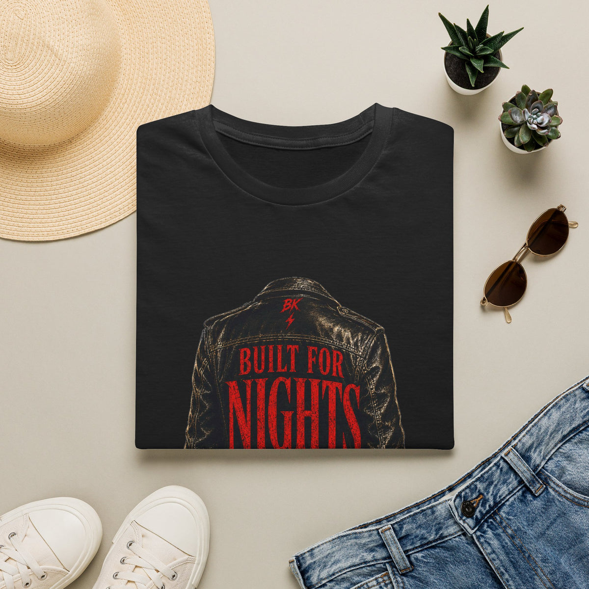 Leather Jacket Noir T-Shirt | Built for Nights Graphic Tee | Dark Aesthetic Rock Shirt | Vintage Biker Style | Unisex Streetwear