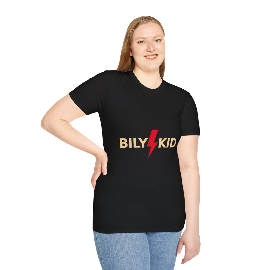 Camiseta negra unisex BILYKID — logo y rayo rojo