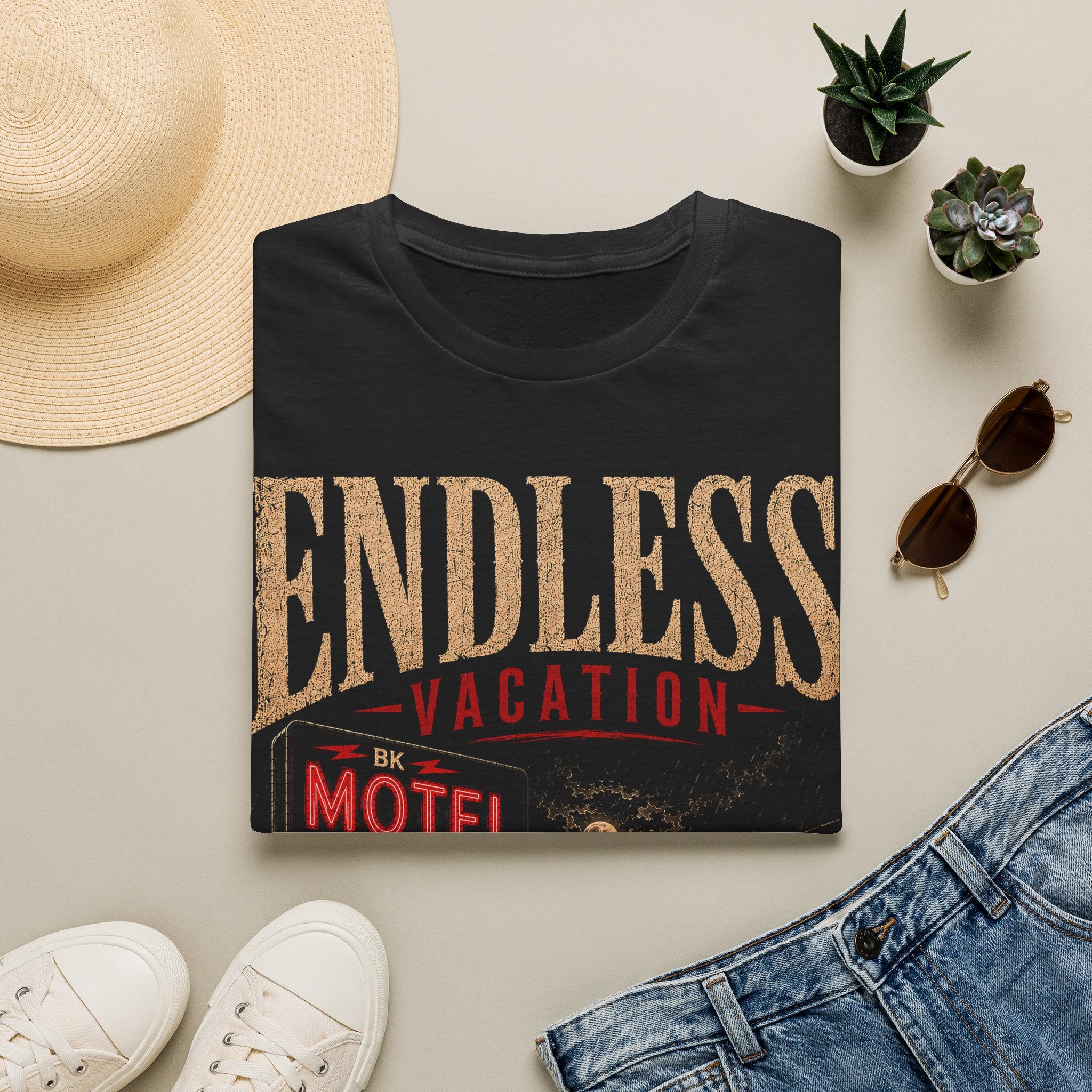 Endless Vacation Motel T-Shirt | Noir Motel Graphic Tee | Retro Road Trip Shirt | Unisex Black Graphic Tee | Dark Travel Aesthetic