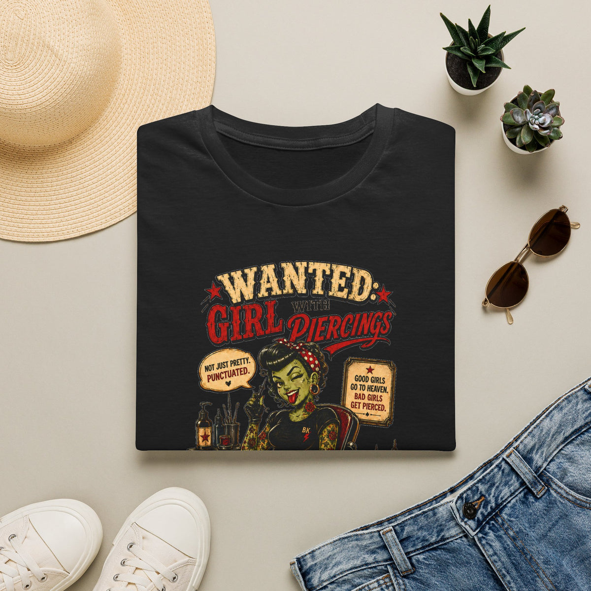 Wanted Girl With Piercing T-Shirt | Rockabilly Zombie Pin Up Tee | Punk Gothic Shirt | Alternative Tattoo Clothing | Horror Graphic Tee