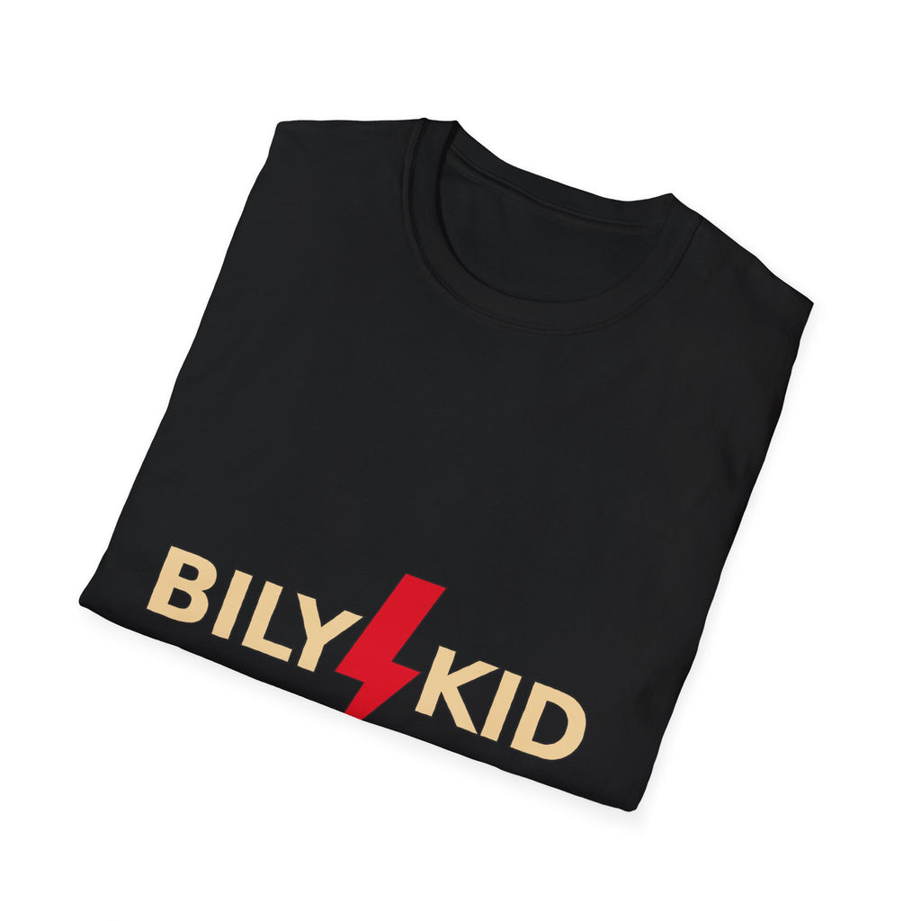 Camiseta negra unisex BILYKID — logo y rayo rojo