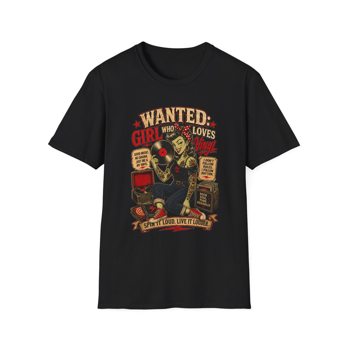 Wanted Girl With Vinyl, Rockabilly Zombie Pin Up T-Shirt, Vinyl Records Lover Gift, Vintage Rock Roll Tee