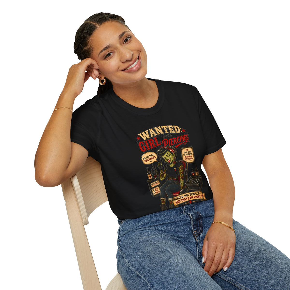 Wanted Girl With Piercing T-Shirt | Rockabilly Zombie Pin Up Tee | Punk Gothic Shirt | Alternative Tattoo Clothing | Horror Graphic Tee