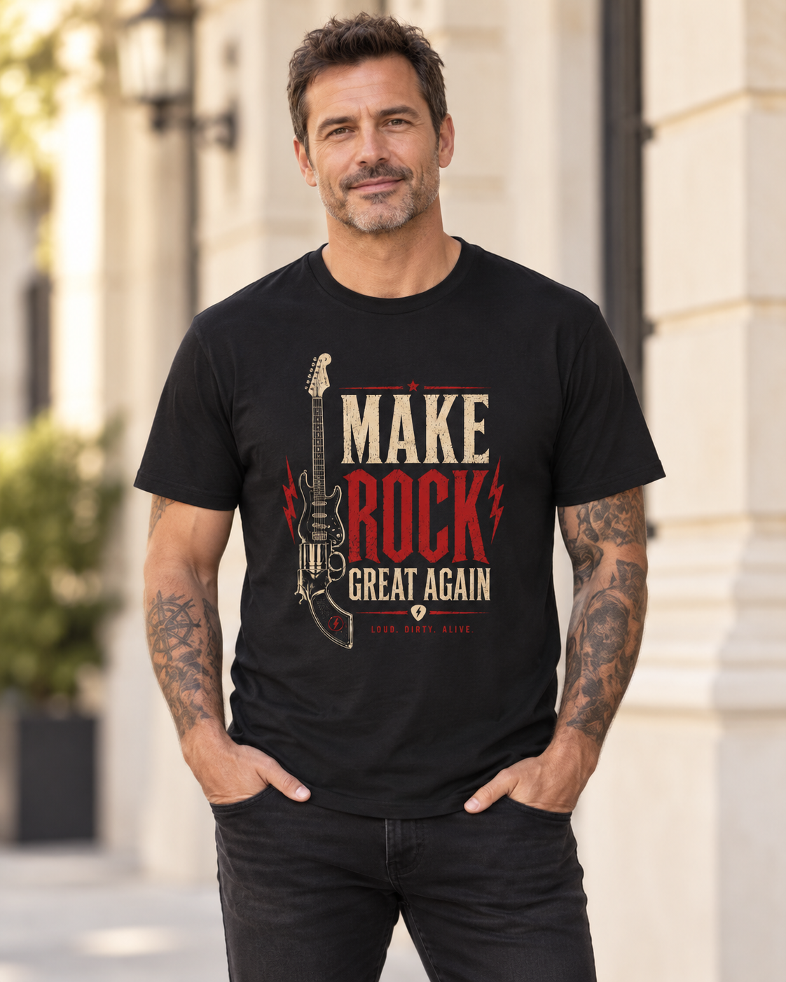 Modelo con camiseta makerock de BILYKID. Simulación con IA; ajuste orientativo.